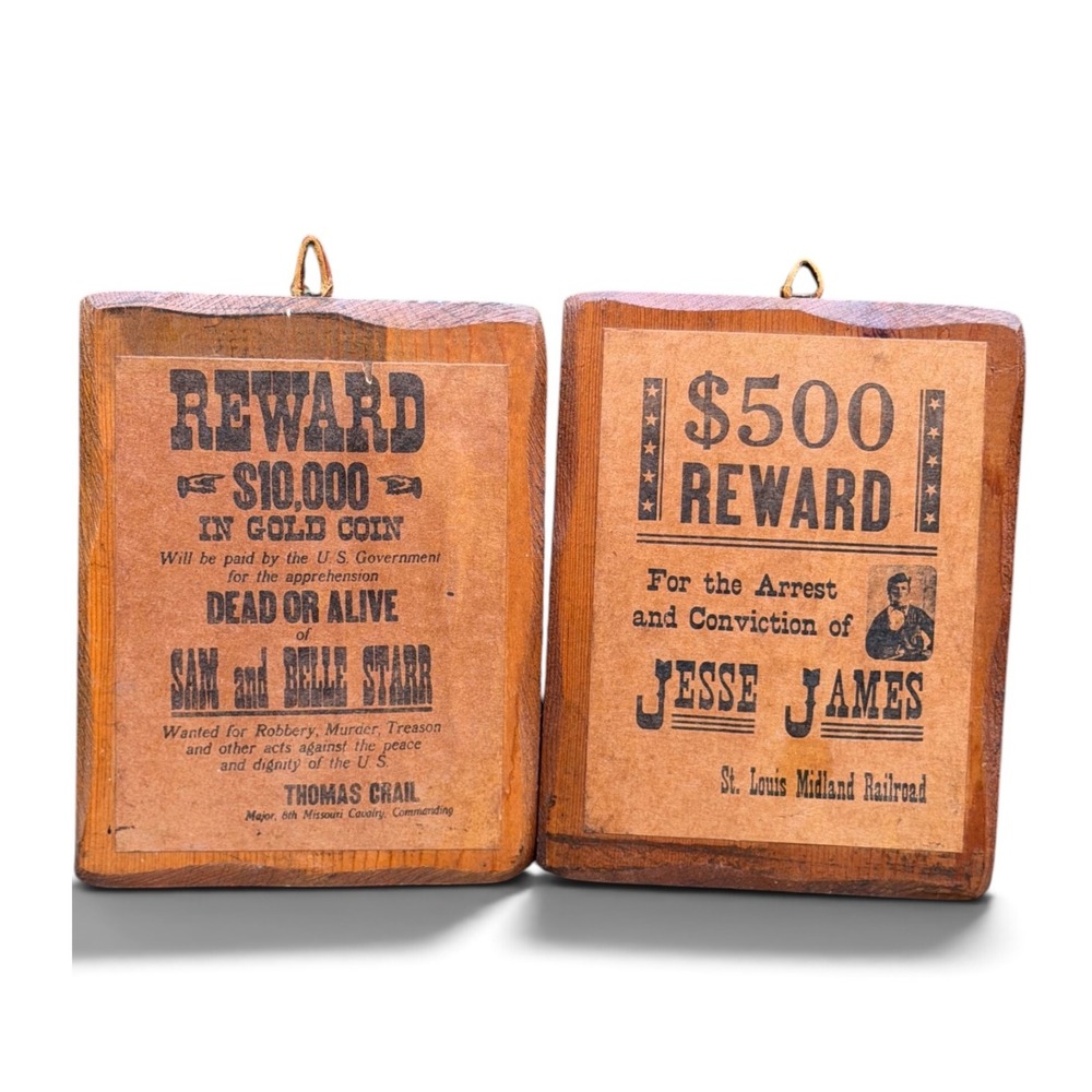 Outlaw Reward Posters Wood Plaque Set Jesse James Belle Starr Brown Vintage 70's